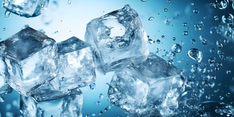 Obraz premium Ice cubes collide in water creating a refreshing and pure sensation. Concept Ice Photography, Water Splash, Refreshing Moments, Pure Sensation, Creative Elements