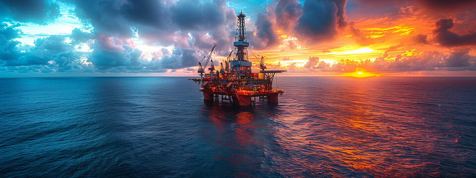 Offshore drilling platform set against a dramatic orange sunset and tranquil sea