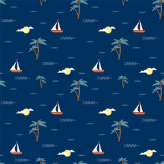 Summer vacation vector seamless  pattern with palm tree, coconut, ship, sun and waves. Aloha party, Hawaii concept. Can be used in textile and wallpaper, wrapping-paper design.
