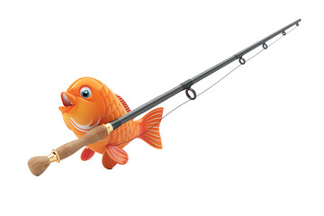 3D icon of a fishing rod and a fish, isolated on a white background