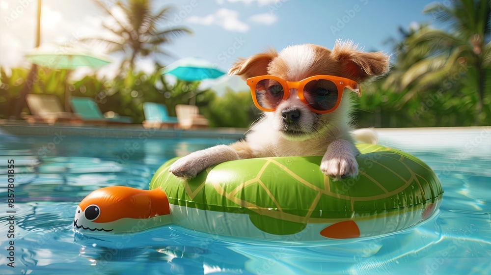 Canvas Prints Puppy with Orange Sunglasses on a Turtle Pool Float