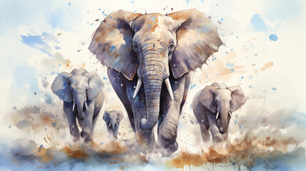 Elephants in the savannah, watercolor painting. Watercolor style painting