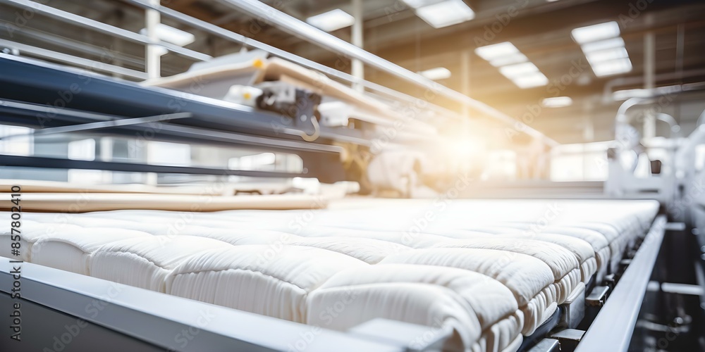 Poster factory with automated machinery making mattresses in a modern manufacturing process. concept factor