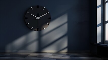 A minimalist living room with a single, large wall-mounted matte black clock with sleek white hands