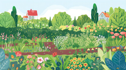 Colorful illustration of a lush garden with various flowers, plants, and two houses in the background