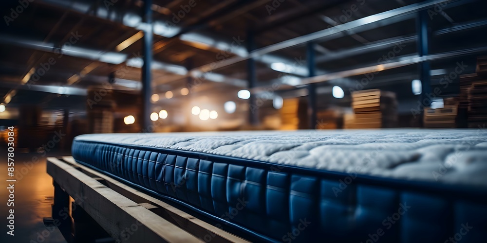 Poster factory prioritizes ambient lighting over mattress production process mattresses arrayed in setting.