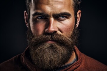 Fototapeta premium Close-up portrait of a clean, trimmed beard and mustache on a dark chocolate background