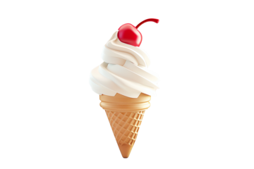 3d icon of ice cream cone with red cherry on top on a white background 