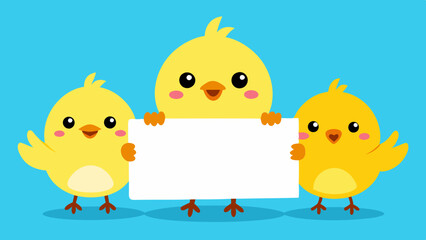Cute chicks holding blank text board vector illustration