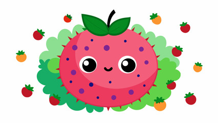 fluffy cute ball of strawberry with lovely eyes and in a garden of berries