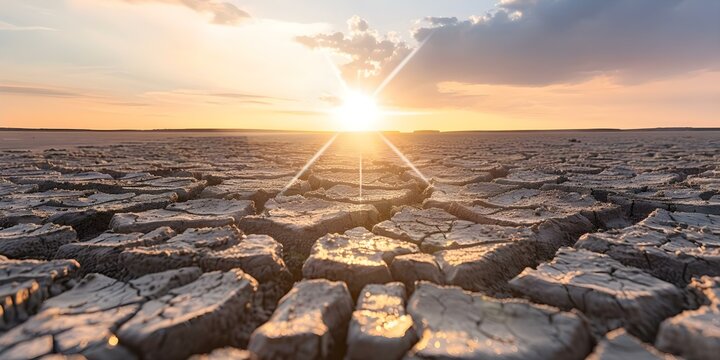 Climate change seen in dry land and limited water supply. Concept Impact of Drought, Water Scarcity, Arid Conditions, Desertification, Climate Adaptation