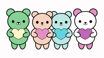 sticker pack of five teddy bears holding hearts vector