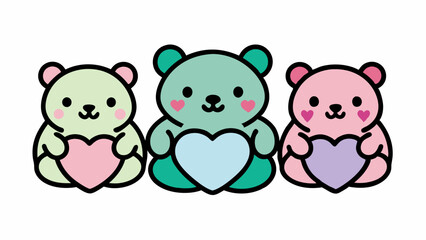 sticker pack of five teddy bears holding hearts vector
