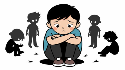 Vector cartoon illustration of a sad boy hugging his knee and crying