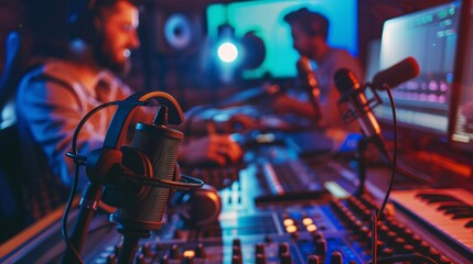 Cropped view of two radio hosts recording a podcast in a broadcasting studio: Shows a focused view of radio hosts engaged in recording a podcast session.