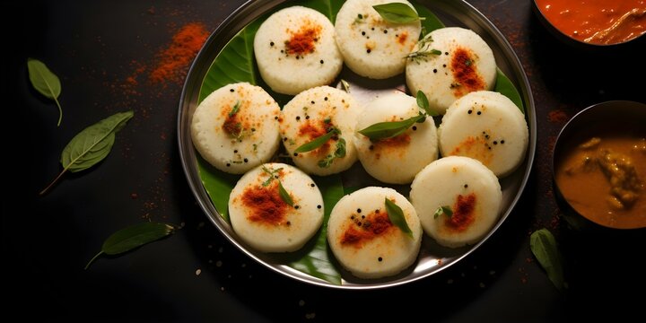 Top view of idli and sambar traditional South Indian cuisine on dark background. Concept Food Photography, South Indian Cuisine, Top View, Traditional Dishes, Dark Background