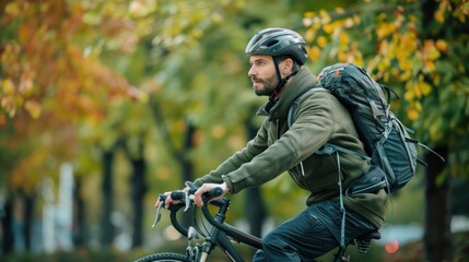 Fototapeta premium A man rides his bicycle to work, wearing a helmet and a backpack. He passes by a row of trees, illustrating a sustainable commute and reducing carbon footprint.