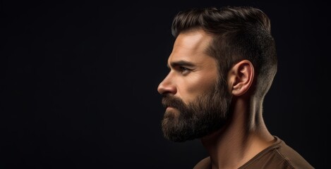 Fototapeta premium Close-up profile photo of a short, well-groomed beard and mustache on a dark olive background
