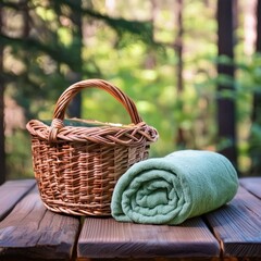 Obraz premium towels in a wicker basket.Basket on a wooden table with a folded towel next to it, placed in an outdoor forest setting. 