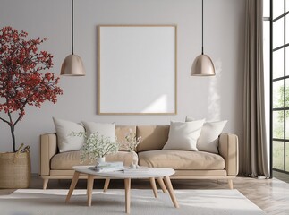 Frame mockup, Living room wall poster mockup. Interior mockup with house background