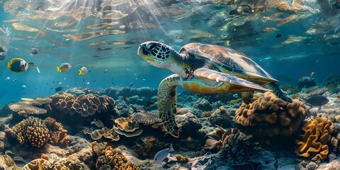 Fototapeta premium Underwater scene with turtle fish coral and barnacles in ocean habitat. Concept Underwater Photography, Ocean Wildlife, Marine Habitat, Underwater Ecosystem, Sea Creatures