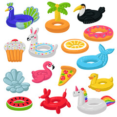 Set of swimming circles in the form of donut, Lama, mermaid, cupcake, orange, Toucan, peacock, Palma, Flamingo, cockleshell, watermelon, unicorn, pizza, inflatable dog, duck. Floating animals party.