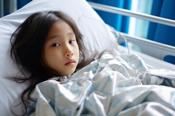 Little Asian girl, 7 years old, being treated for severe kidney disease in a hospital bed