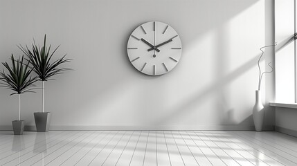 A minimalist living room with a single, large wall-mounted matte grey clock with sleek metallic hands