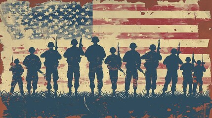 Obraz premium Patriotic Memorial Day design with silhouette of soldiers in formation.