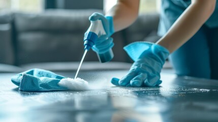 Obraz premium Close up view of female housekeeper using spray and cloth to clean table professionally
