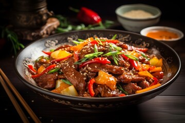 Photography of sweet and spicy ginger beef stir-fry with vegetables