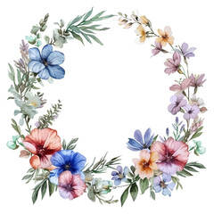 Watercolor natural spring wreath on white background