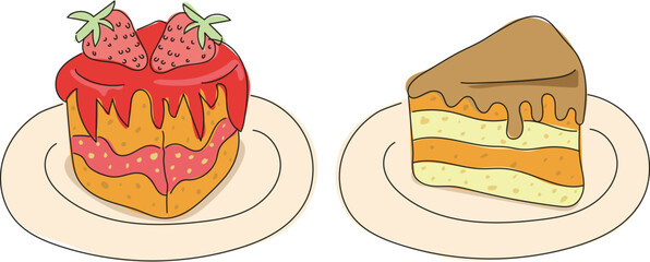 One slice of chocolate and strawberry cake on plates.