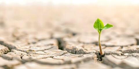 A lone green plant in a dry landscape symbolizing climate change effects. Concept Climate Change, Environment, Greenery, Dry Landscape, Symbolism