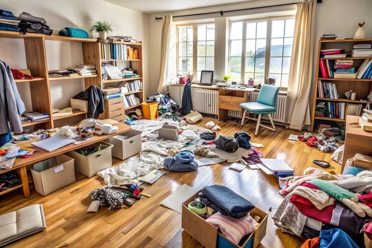 A Messy Home Office With Clothes, Books, And Other Items Strewn All Over The Floor