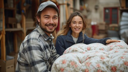 Diverse couple assisting each other while raising couch in living area of their new residence.