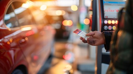 Entrance ticket and hand with meter machine for payment fee and entry for safety or parking lot rules. Departure fee or driver with car permit pass for toll gate or charges.