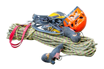 Rock climbing. Rope, safety equipment, safety system. Professional equipment for rock climbing and...