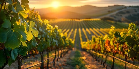 Fototapeta premium Scenic vineyard at sunset with rows of grapevines glowing in warm light. Concept Vineyard Photography, Golden Hour Photos, Sunset Captures, Landscape Portraits, Natural Light Images