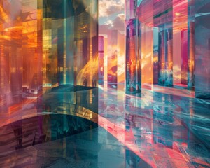 Obraz premium A futuristic holographic composition showcasing innovative holographic architecture merging seamlessly, depicting advanced technology and modern design elements