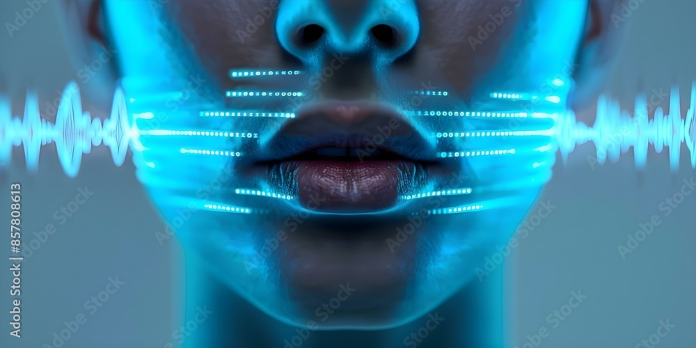 Aufkleber polygonal face with glowing digital sound wave background and empty space. concept polygonal face, g