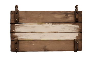 Isolated image of a worn wooden sign held by rope, featuring a rustic and vintage appearance with weathered texture