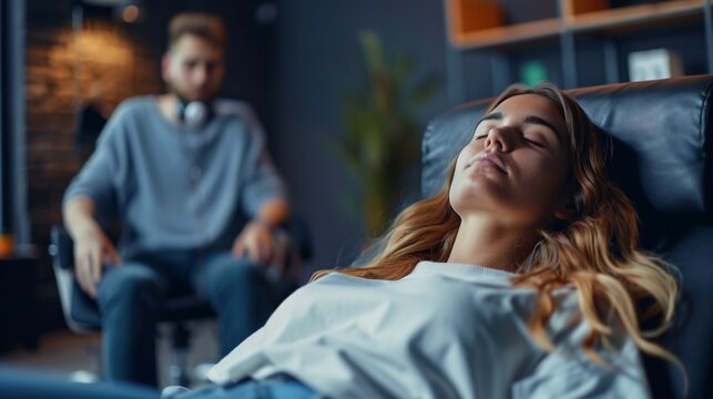Therapist uses hypnosis to heal woman's mental issues stemming from troubled upbringing, as patient lies on sofa with eyes shut and entering trance during treatment.