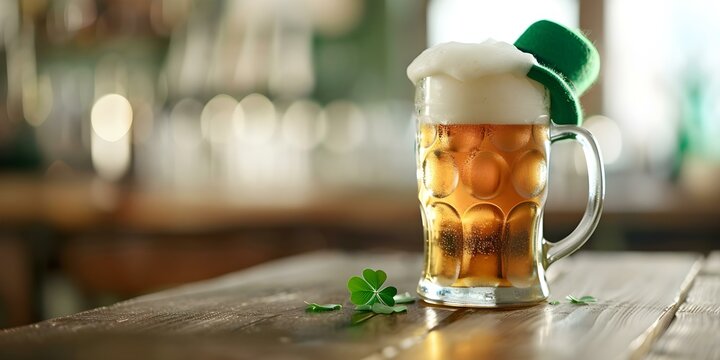 St Patricks Day themed beer mug with hat and shamrock on table. Concept St, Patrick's Day, Beer Mug, Hat, Shamrock, Table