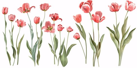 Obraz premium Collection of tree branch spring tulip blooms separated on a white background.