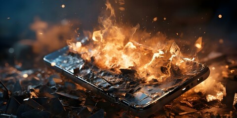 Smartphone ignites fire and causes destruction after battery overcharge. Concept Smartphone Safety, Battery Hazards, Fire Prevention, Electronics Danger