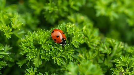 Fototapeta premium Ladybug on parsley leaf in the garden