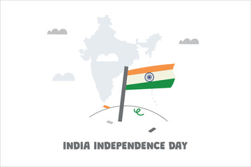 Happy India independence day. Postcard or banner with flags, map and fireworks. Vector doodle illustration