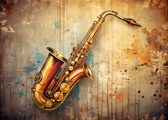 Naklejka premium A Golden Saxophone With A Black Mouthpiece Against A Grungy Background With Paint Splatters.