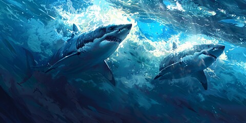 Fototapeta premium Two giant white sharks swim beneath the ocean surface. Illustration.